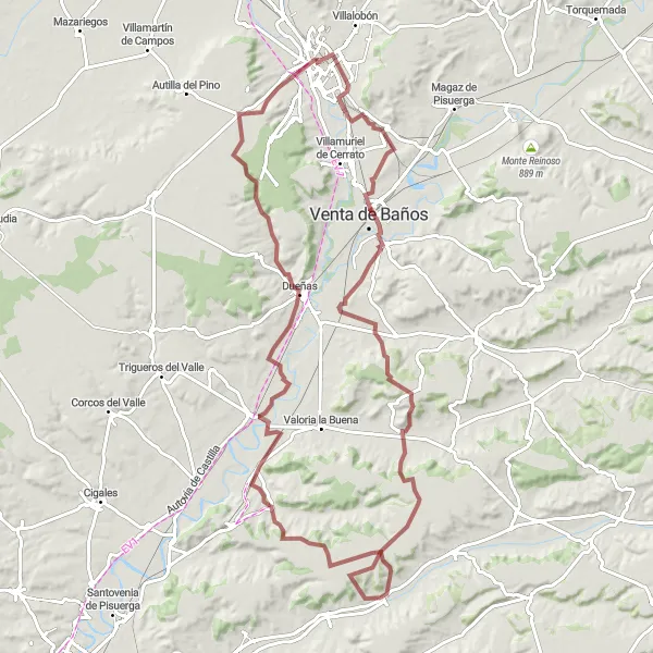 Miniatua del mapa de inspiración ciclista "Ruta de Grava a Venta de Baños, Cubillas de Cerrato, Villanueva de los Infantes, San Martín de Valvení, Dueñas y Allende el Río" en Castilla y León, Spain. Generado por Tarmacs.app planificador de rutas ciclistas