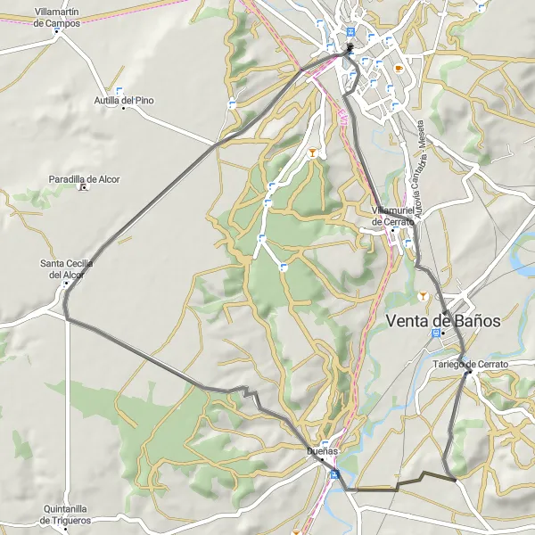 Miniatua del mapa de inspiración ciclista "Ruta de Carretera a Villamuriel de Cerrato, Tariego de Cerrato, Dueñas, Santa Cecilia del Alcor y Allende el Río" en Castilla y León, Spain. Generado por Tarmacs.app planificador de rutas ciclistas