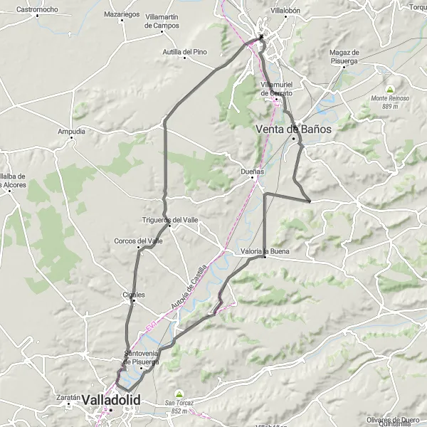 Miniaturekort af cykelinspirationen "Palencia til Villamuriel de Cerrato via Tariego de Cerrato og Valoria la Buena" i Castilla y León, Spain. Genereret af Tarmacs.app cykelruteplanlægger