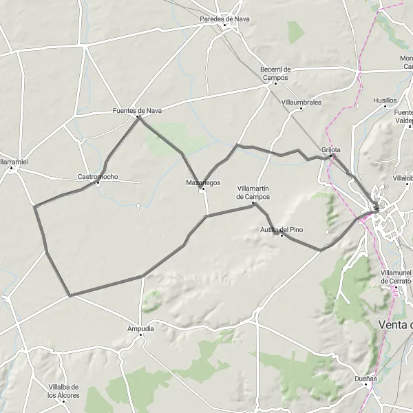 Miniatua del mapa de inspiración ciclista "Ruta de Carretera a Autilla del Pino, Mirador de Tierra de Campos, Villerías de Campos, Capillas y Grijota" en Castilla y León, Spain. Generado por Tarmacs.app planificador de rutas ciclistas