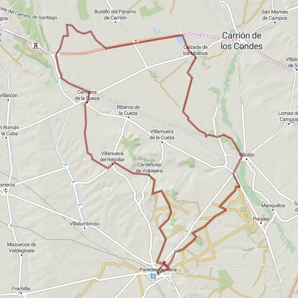 Map miniature of "The Enchanting Gravel Route to Villoldo" cycling inspiration in Castilla y León, Spain. Generated by Tarmacs.app cycling route planner
