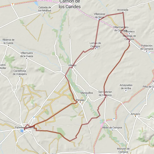 Map miniature of "Villaldavín & Villalcázar de Sirga Gravel Route" cycling inspiration in Castilla y León, Spain. Generated by Tarmacs.app cycling route planner