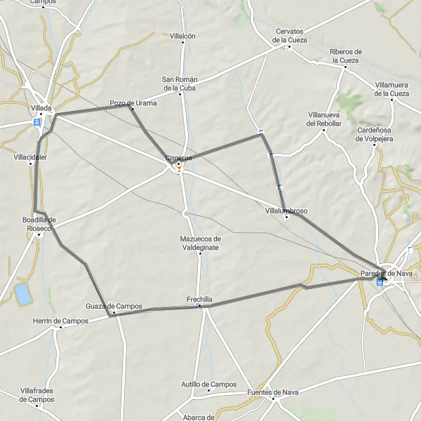 Miniatua del mapa de inspiración ciclista "Ruta en bicicleta de carretera desde Paredes de Nava" en Castilla y León, Spain. Generado por Tarmacs.app planificador de rutas ciclistas