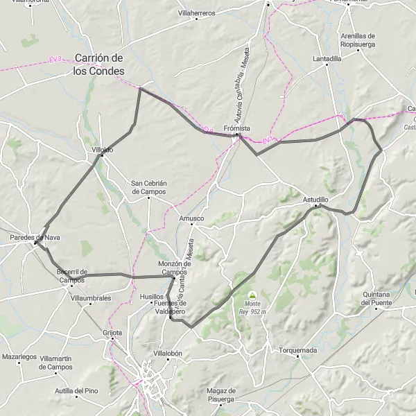 Map miniature of "Villoldo Loop" cycling inspiration in Castilla y León, Spain. Generated by Tarmacs.app cycling route planner