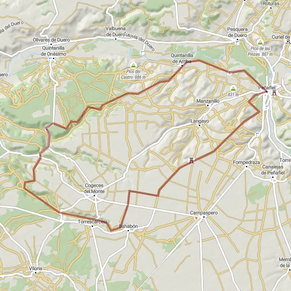 Map miniature of "Peñafiel Convento Loop" cycling inspiration in Castilla y León, Spain. Generated by Tarmacs.app cycling route planner