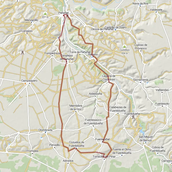 Miniatuurkaart van de fietsinspiratie "Gravel fietsroute rond Peñafiel" in Castilla y León, Spain. Gemaakt door de Tarmacs.app fietsrouteplanner