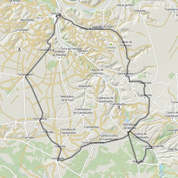 Miniatuurkaart van de fietsinspiratie "Wegfietsroute rond Peñafiel" in Castilla y León, Spain. Gemaakt door de Tarmacs.app fietsrouteplanner