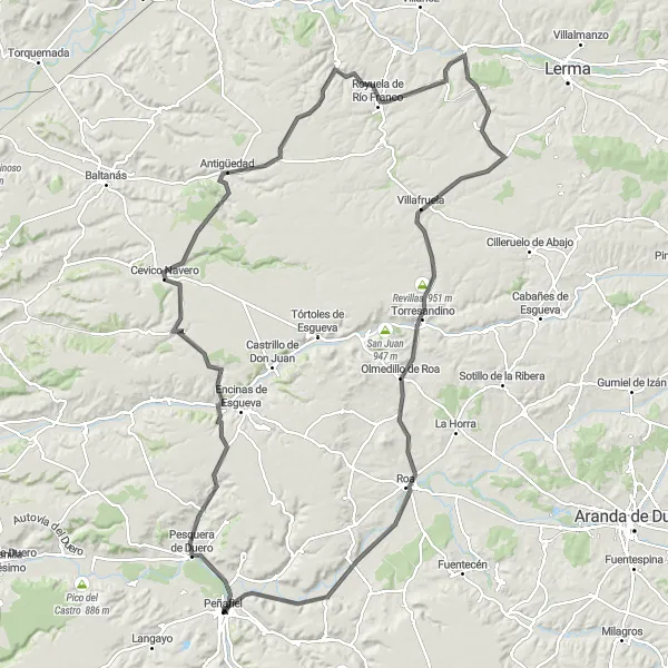 Miniatua del mapa de inspiración ciclista "Ruta de Peñafiel a El Cujón" en Castilla y León, Spain. Generado por Tarmacs.app planificador de rutas ciclistas
