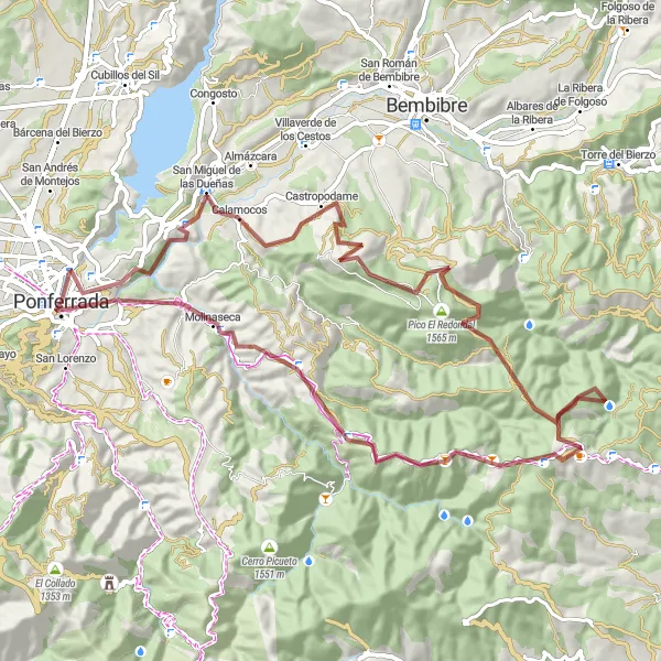 Map miniature of "The Ponferrada Gravel Loop" cycling inspiration in Castilla y León, Spain. Generated by Tarmacs.app cycling route planner