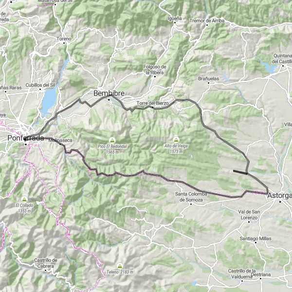 Miniatua del mapa de inspiración ciclista "Ruta por carretera alrededor de Ponferrada" en Castilla y León, Spain. Generado por Tarmacs.app planificador de rutas ciclistas