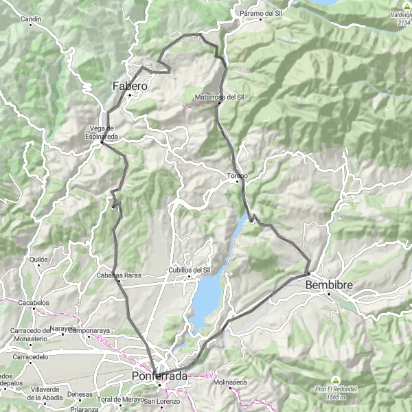 Map miniature of "Ponferrada to Peña del Cuervo" cycling inspiration in Castilla y León, Spain. Generated by Tarmacs.app cycling route planner