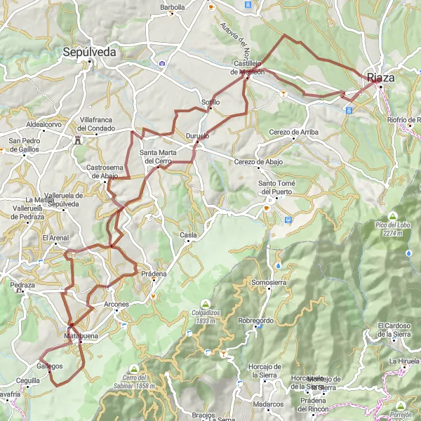 Miniatua del mapa de inspiración ciclista "Experiencia en bicicleta de grava por los alrededores de Riaza" en Castilla y León, Spain. Generado por Tarmacs.app planificador de rutas ciclistas