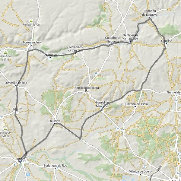 Map miniature of "Roa and Balcón del Duero Cycling Route" cycling inspiration in Castilla y León, Spain. Generated by Tarmacs.app cycling route planner