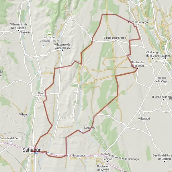 Map miniature of "River Adventure to Sahagún" cycling inspiration in Castilla y León, Spain. Generated by Tarmacs.app cycling route planner