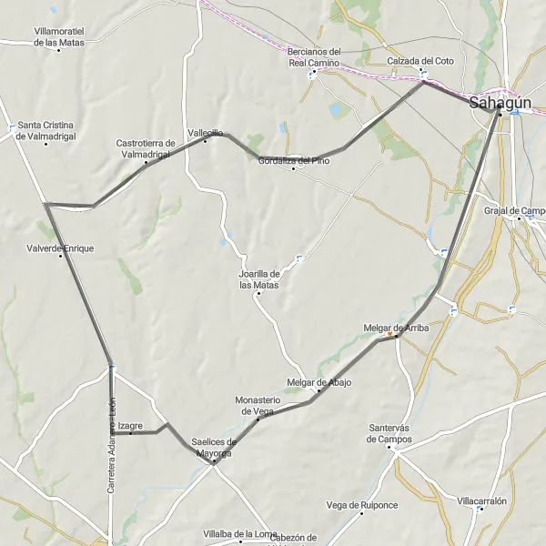 Miniatua del mapa de inspiración ciclista "Ruta por carretera hacia Sahagún" en Castilla y León, Spain. Generado por Tarmacs.app planificador de rutas ciclistas