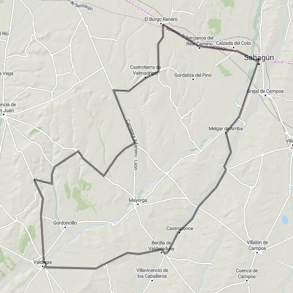 Miniatua del mapa de inspiración ciclista "Ruta en bicicleta de carretera desde Sahagún" en Castilla y León, Spain. Generado por Tarmacs.app planificador de rutas ciclistas