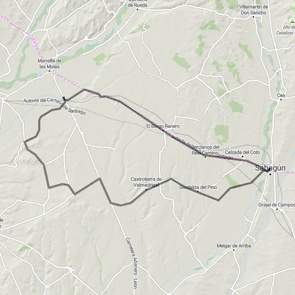 Miniatuurkaart van de fietsinspiratie "Sahagún naar Gordaliza del Pino" in Castilla y León, Spain. Gemaakt door de Tarmacs.app fietsrouteplanner