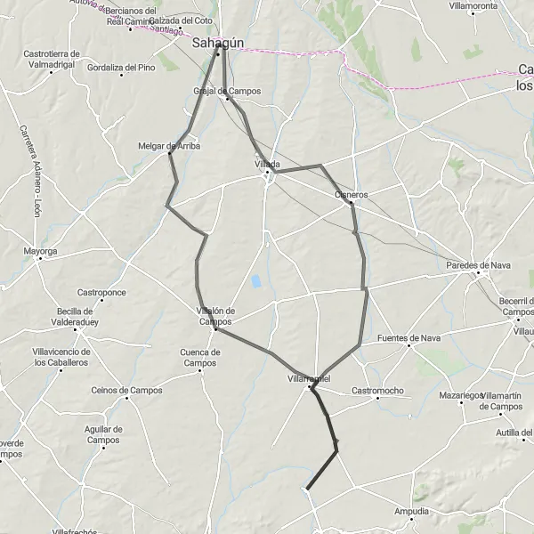 Map miniature of "Discovering Caminos de Campos" cycling inspiration in Castilla y León, Spain. Generated by Tarmacs.app cycling route planner