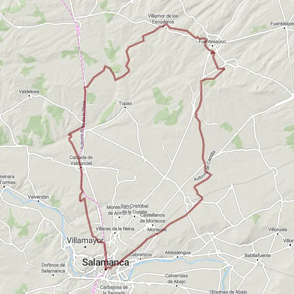 Map miniature of "Gravel Adventure: Salamanca to Villamor de los Escuderos" cycling inspiration in Castilla y León, Spain. Generated by Tarmacs.app cycling route planner