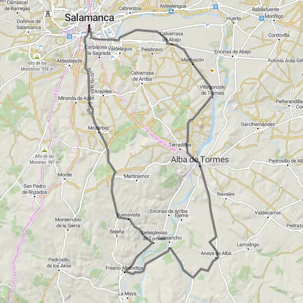 Miniatua del mapa de inspiración ciclista "Ruta en bici de carretera desde Salamanca a través de Calvarrasa de Abajo, Cerro del Molar, Alba de Tormes, Anaya de Alba, Fresno Alhándiga, Buenavista, Teso del Salinar y Salamanca." en Castilla y León, Spain. Generado por Tarmacs.app planificador de rutas ciclistas