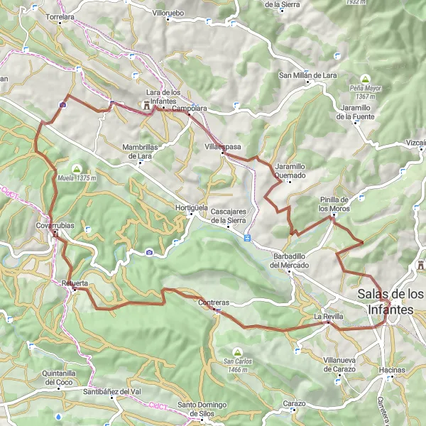 Map miniature of "Exciting Gravel Cycling Route near Salas de los Infantes" cycling inspiration in Castilla y León, Spain. Generated by Tarmacs.app cycling route planner