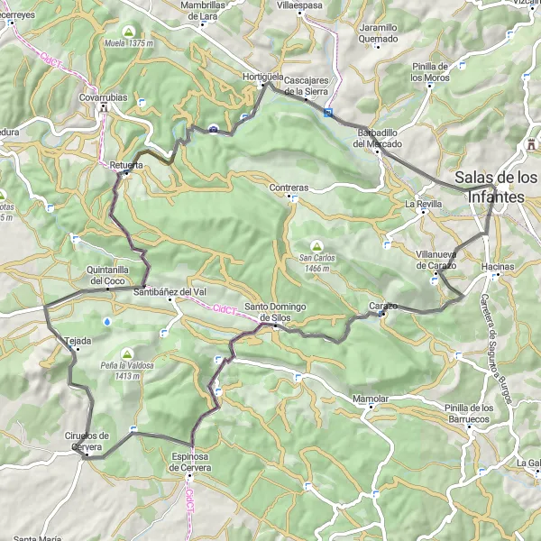 Map miniature of "Scenic Road Cycling Route from Salas de los Infantes" cycling inspiration in Castilla y León, Spain. Generated by Tarmacs.app cycling route planner