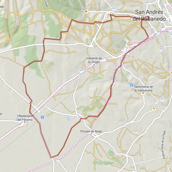 Map miniature of "Scenic Gravel Ride near San Andrés del Rabanedo" cycling inspiration in Castilla y León, Spain. Generated by Tarmacs.app cycling route planner