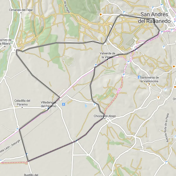 Miniatua del mapa de inspiración ciclista "Ruta en bicicleta de carretera San Andrés del Rabanedo - Velilla de la Reina" en Castilla y León, Spain. Generado por Tarmacs.app planificador de rutas ciclistas