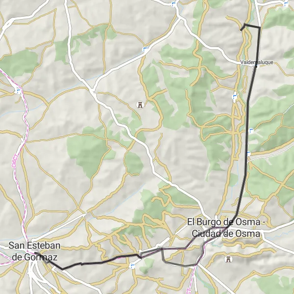 Miniatua del mapa de inspiración ciclista "Recorrido en bicicleta de carretera cerca de San Esteban de Gormaz" en Castilla y León, Spain. Generado por Tarmacs.app planificador de rutas ciclistas