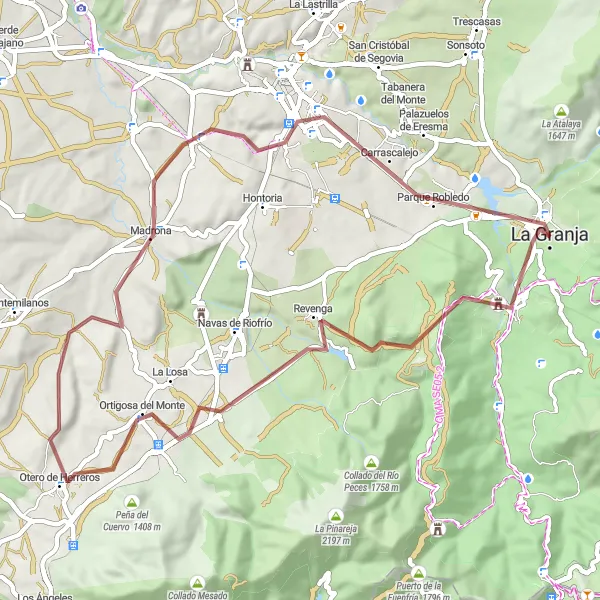 Miniatua del mapa de inspiración ciclista "Vuelta ciclista desde San Ildefonso por camino de grava" en Castilla y León, Spain. Generado por Tarmacs.app planificador de rutas ciclistas