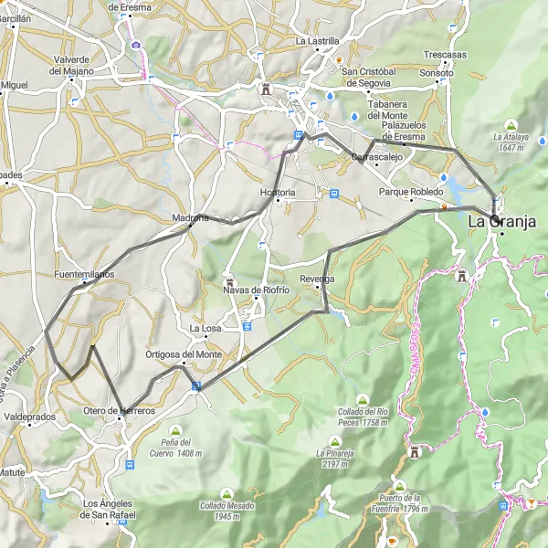Miniatua del mapa de inspiración ciclista "Vuelta ciclista desde San Ildefonso por carretera" en Castilla y León, Spain. Generado por Tarmacs.app planificador de rutas ciclistas