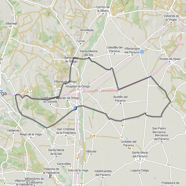 Map miniature of "Órbigo Loop" cycling inspiration in Castilla y León, Spain. Generated by Tarmacs.app cycling route planner