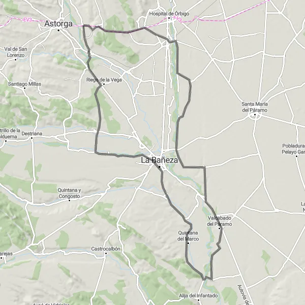 Map miniature of "Villanueva de Jamuz Circuit" cycling inspiration in Castilla y León, Spain. Generated by Tarmacs.app cycling route planner