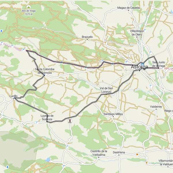 Map miniature of "Astorga Loop" cycling inspiration in Castilla y León, Spain. Generated by Tarmacs.app cycling route planner