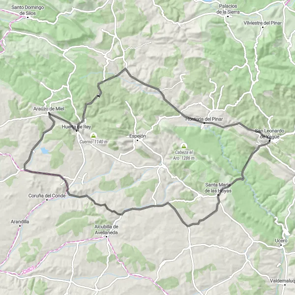 Map miniature of "San Leonardo de Yagüe Loop" cycling inspiration in Castilla y León, Spain. Generated by Tarmacs.app cycling route planner
