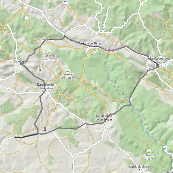 Miniatua del mapa de inspiración ciclista "Ruta de Ciclismo por carretera desde San Leonardo de Yagüe" en Castilla y León, Spain. Generado por Tarmacs.app planificador de rutas ciclistas