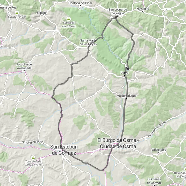 Miniatua del mapa de inspiración ciclista "Ruta de Ciclismo por carretera desde San Leonardo de Yagüe" en Castilla y León, Spain. Generado por Tarmacs.app planificador de rutas ciclistas