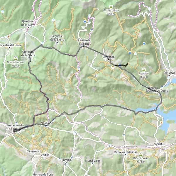 Miniatuurkaart van de fietsinspiratie "San Leonardo de Yagüe - Duruelo de la Sierra - Pico del Águila - Salduero" in Castilla y León, Spain. Gemaakt door de Tarmacs.app fietsrouteplanner