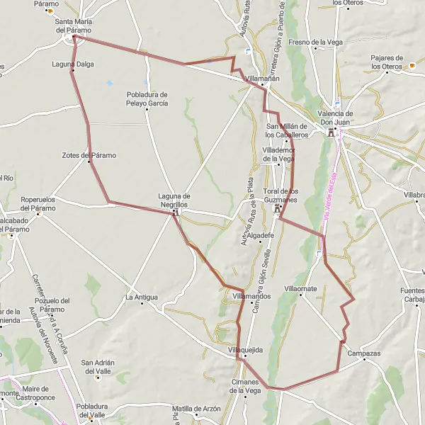 Miniatuurkaart van de fietsinspiratie "De Gravel Route van Villamañán" in Castilla y León, Spain. Gemaakt door de Tarmacs.app fietsrouteplanner
