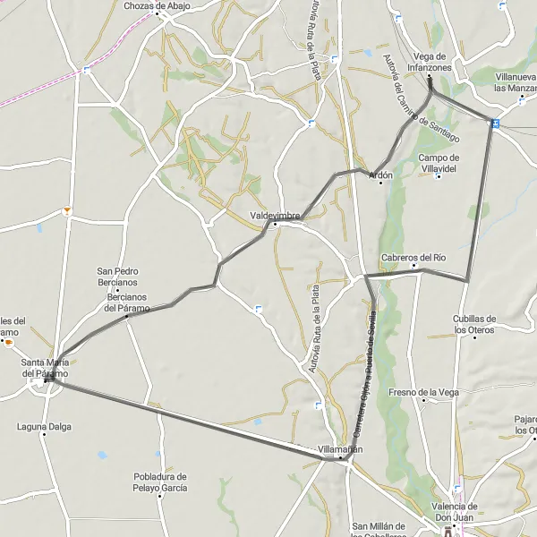 Map miniature of "The Páramo Medieval Villages" cycling inspiration in Castilla y León, Spain. Generated by Tarmacs.app cycling route planner