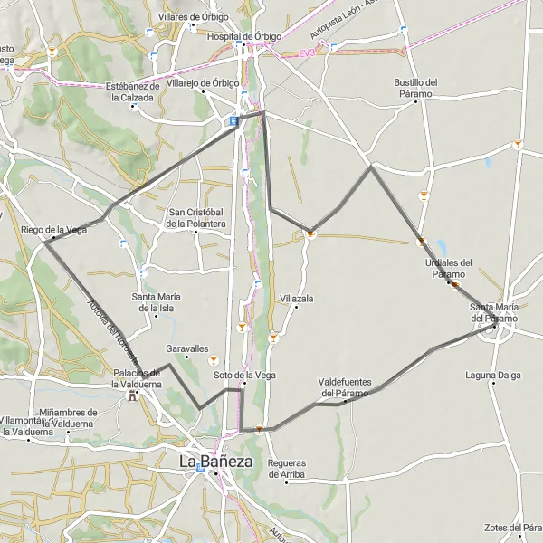 Miniatua del mapa de inspiración ciclista "Ruta por carretera desde Santa María del Páramo" en Castilla y León, Spain. Generado por Tarmacs.app planificador de rutas ciclistas