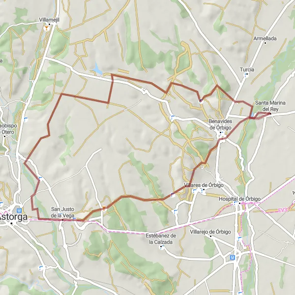 Map miniature of "The Orbigo Valley Gravel Ride" cycling inspiration in Castilla y León, Spain. Generated by Tarmacs.app cycling route planner