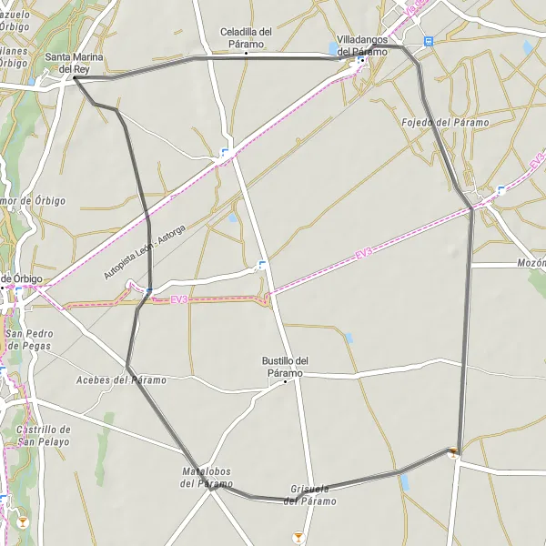 Map miniature of "Páramo de Órbigo Scenic Road Ride" cycling inspiration in Castilla y León, Spain. Generated by Tarmacs.app cycling route planner