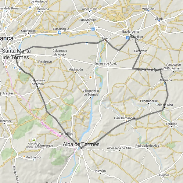 Map miniature of "Santa Marta de Tormes to Las Luminarias Scenic Road Route" cycling inspiration in Castilla y León, Spain. Generated by Tarmacs.app cycling route planner