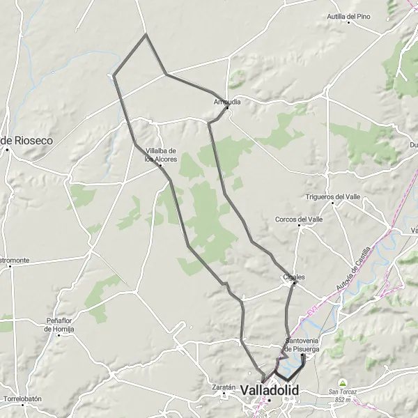 Miniatuurkaart van de fietsinspiratie "Wegroutes door Santovenia de Pisuerga en omgeving" in Castilla y León, Spain. Gemaakt door de Tarmacs.app fietsrouteplanner