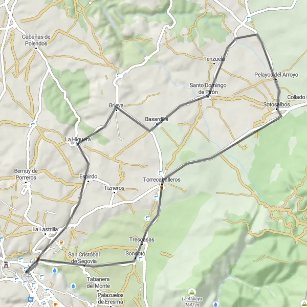 Map miniature of "Segovia Mountain Loop" cycling inspiration in Castilla y León, Spain. Generated by Tarmacs.app cycling route planner