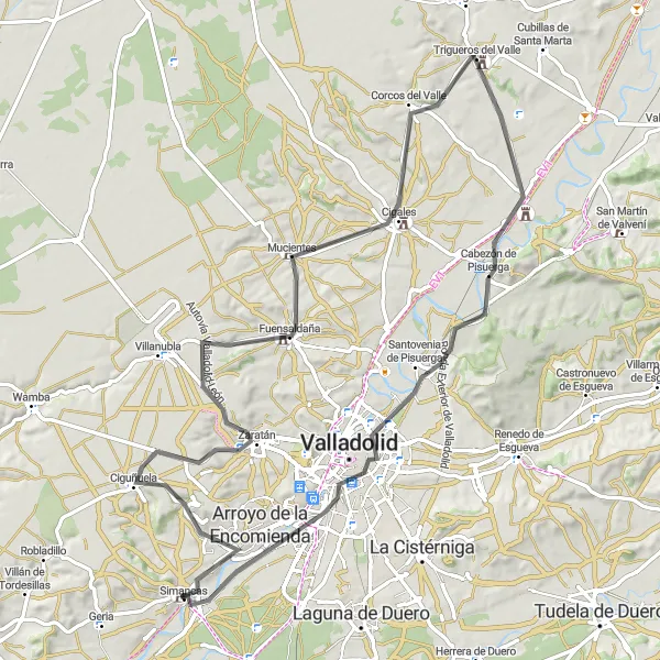 Miniatuurkaart van de fietsinspiratie "Simancas to Fuensaldaña Cycling Route" in Castilla y León, Spain. Gemaakt door de Tarmacs.app fietsrouteplanner