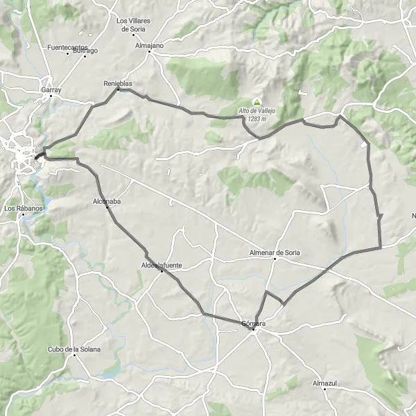 Map miniature of "Soria and its Surroundings" cycling inspiration in Castilla y León, Spain. Generated by Tarmacs.app cycling route planner