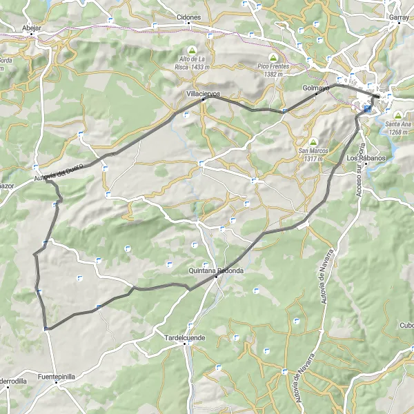 Map miniature of "Quintana Redonda & Golmayo Road Loop" cycling inspiration in Castilla y León, Spain. Generated by Tarmacs.app cycling route planner