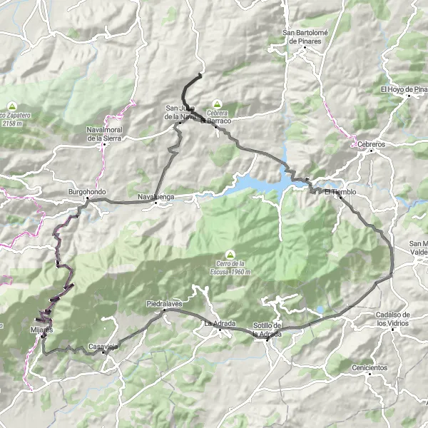 Miniatura mapy "Trasa szosowa w pobliżu Sotillo de la Adrada" - trasy rowerowej w Castilla y León, Spain. Wygenerowane przez planer tras rowerowych Tarmacs.app